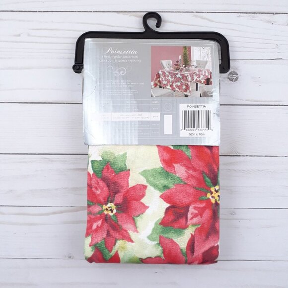 Fabric Tablecloth Christmas Poinsettia Flowers 52x70 Holiday - Picture 3 of 3
